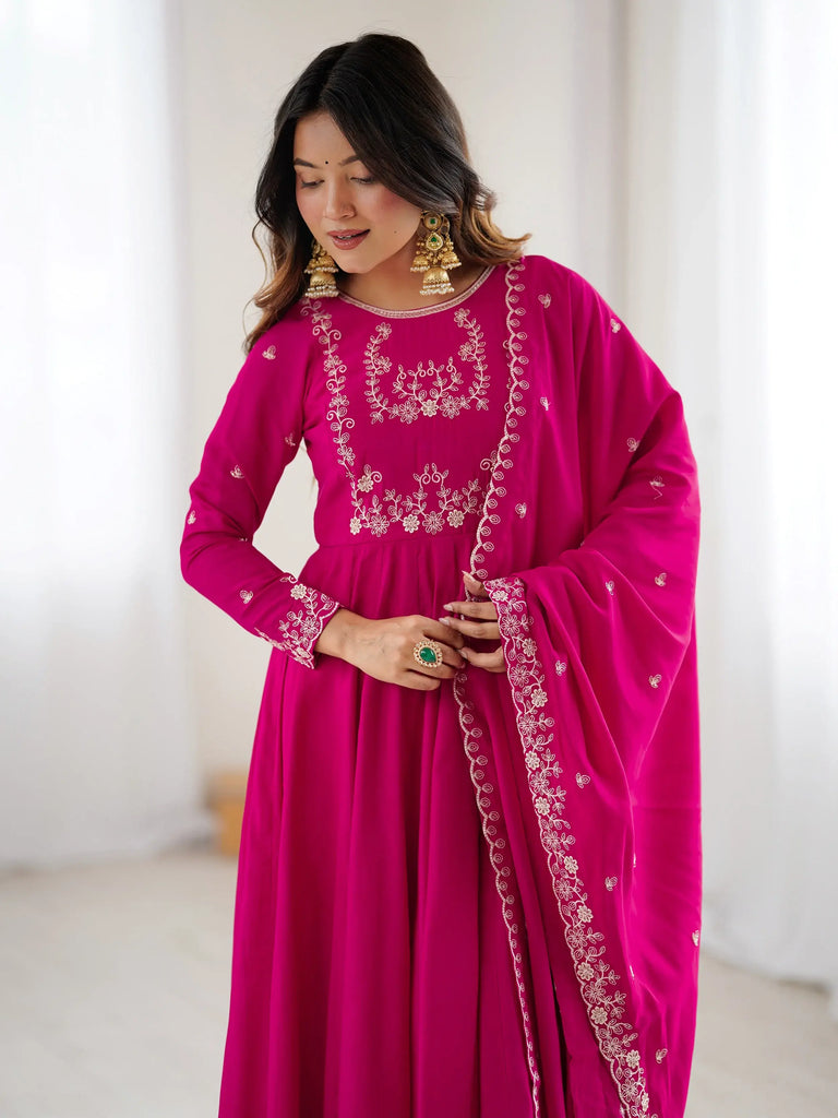 Glowing Pink Beads Work Chanderi Silk Festival Wear Anarkali Suit