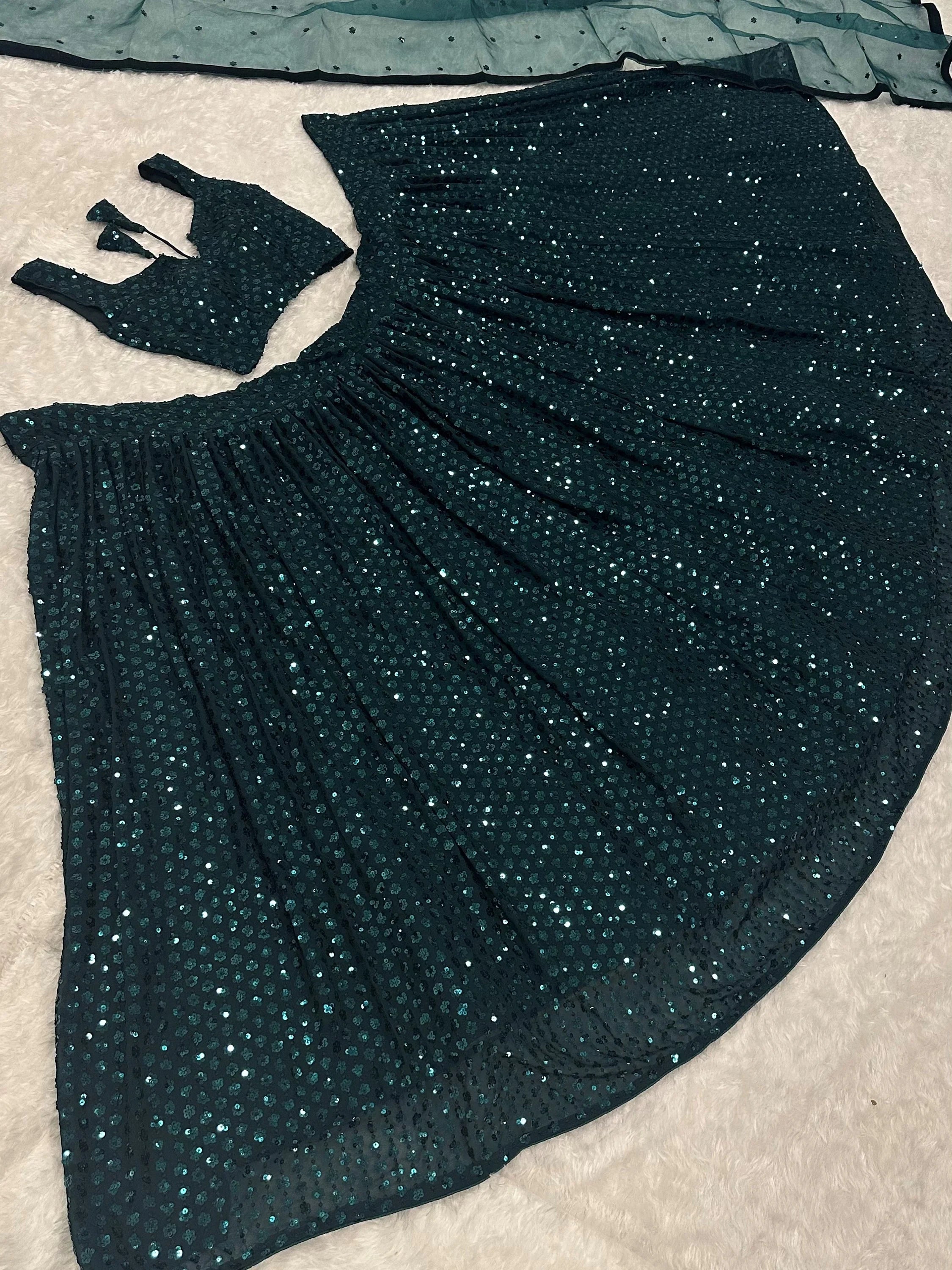 Glamorous Teal Green Sequins Georgette Party Wear Lehenga Choli