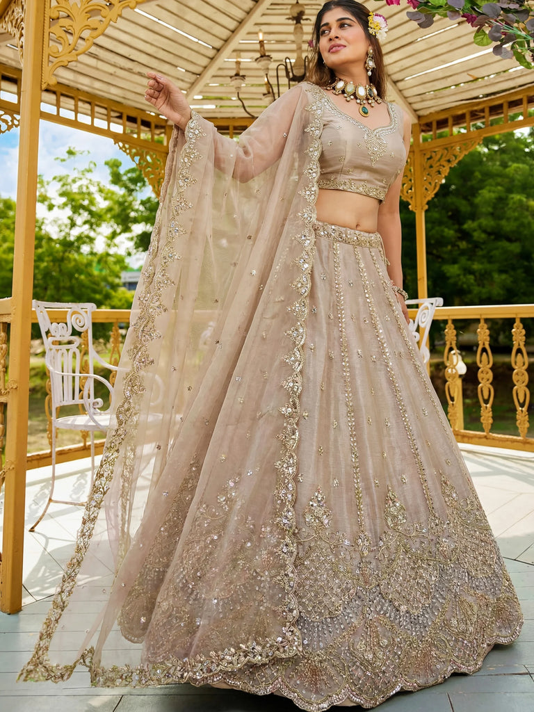 Impressive Beige Dori Work Satin Wedding Wear Lehenga Choli