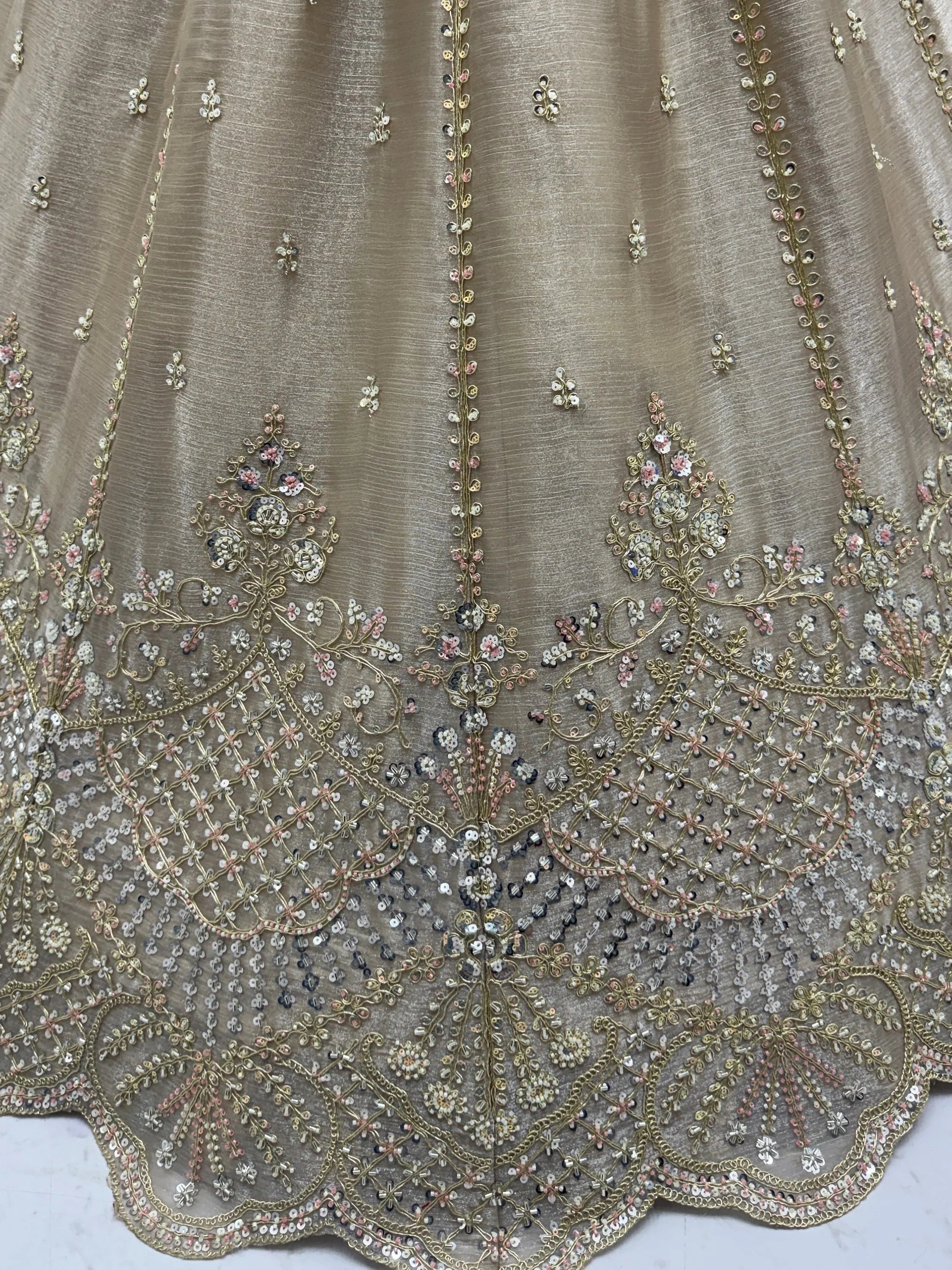 Impressive Beige Dori Work Satin Wedding Wear Lehenga Choli