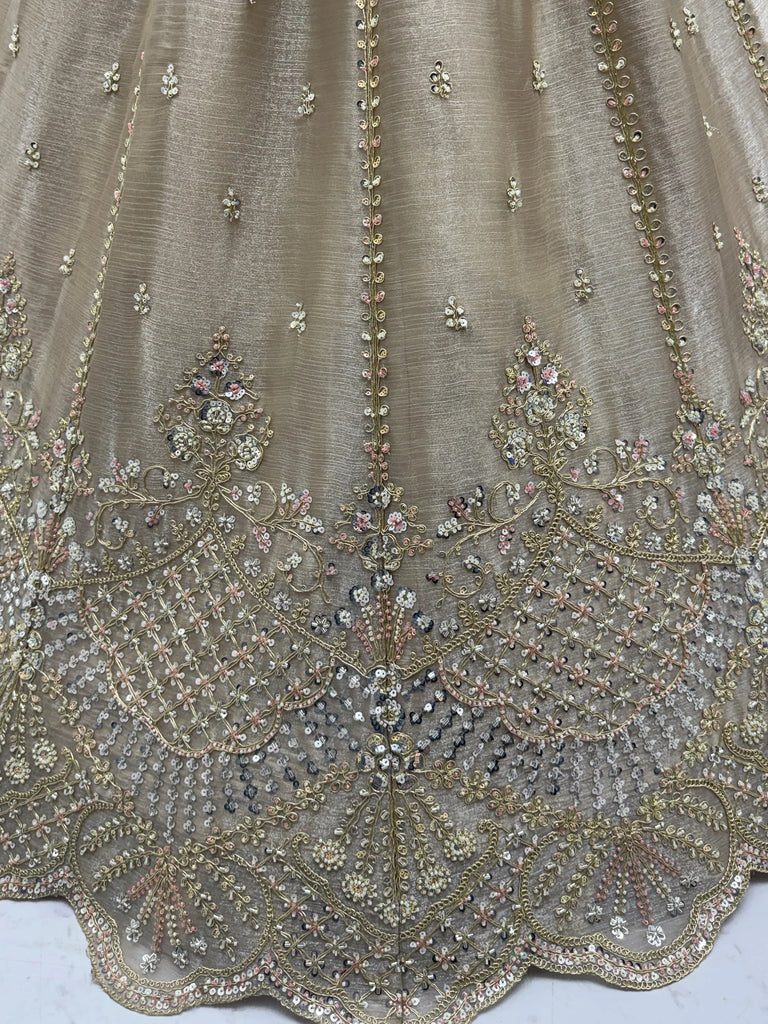 Impressive Beige Dori Work Satin Wedding Wear Lehenga Choli