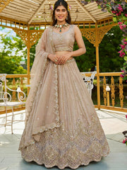 Impressive Beige Dori Work Satin Wedding Wear Lehenga Choli