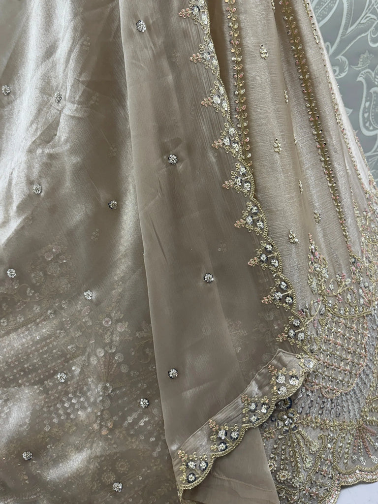Impressive Beige Dori Work Satin Wedding Wear Lehenga Choli