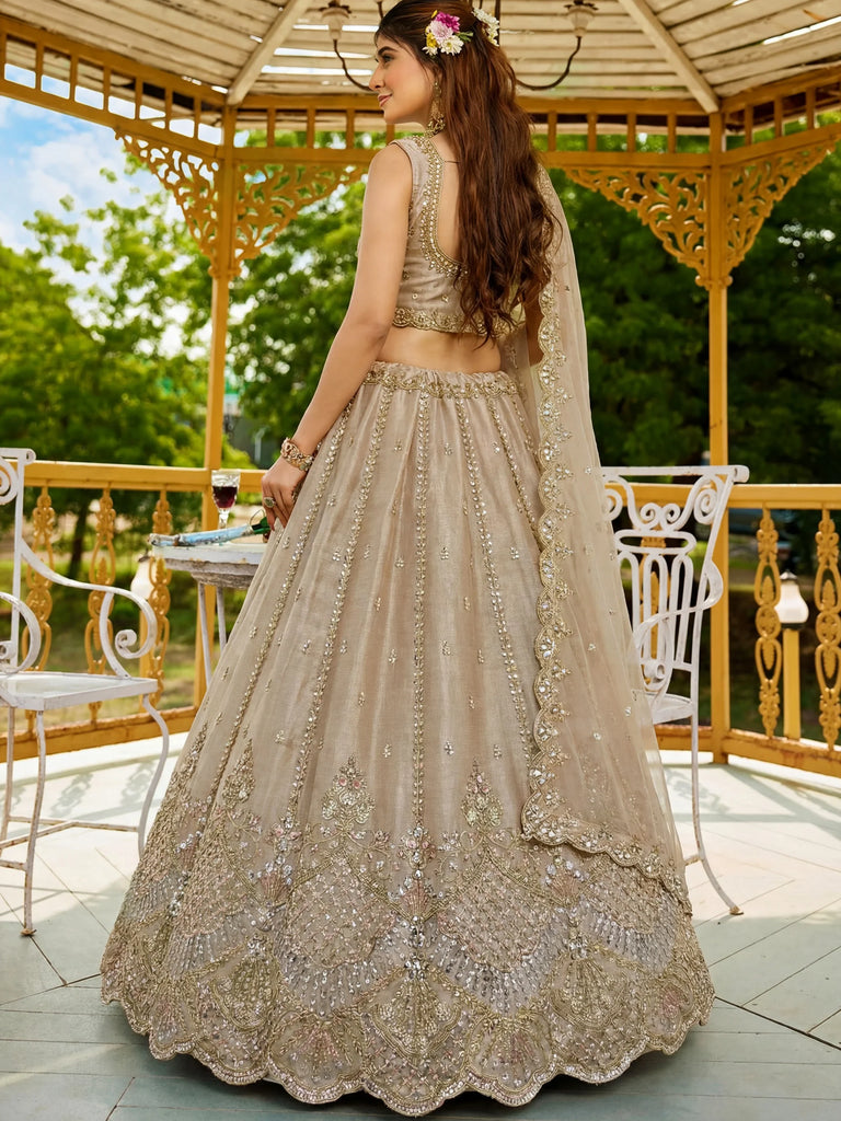 Impressive Beige Dori Work Satin Wedding Wear Lehenga Choli