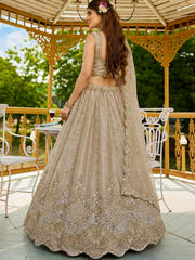 Impressive Beige Dori Work Satin Wedding Wear Lehenga Choli