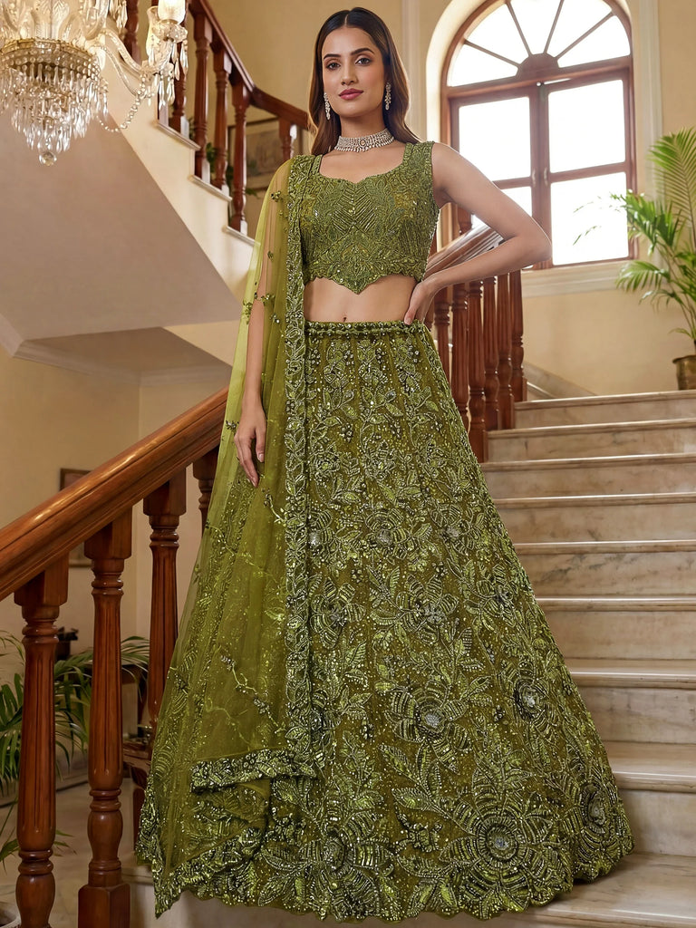 Gorgeous Olive Green Beads Work Net Engagement Wear Lehenga Choli