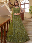 Gorgeous Olive Green Beads Work Net Engagement Wear Lehenga Choli