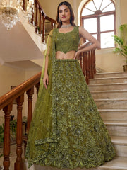 Gorgeous Olive Green Beads Work Net Engagement Wear Lehenga Choli