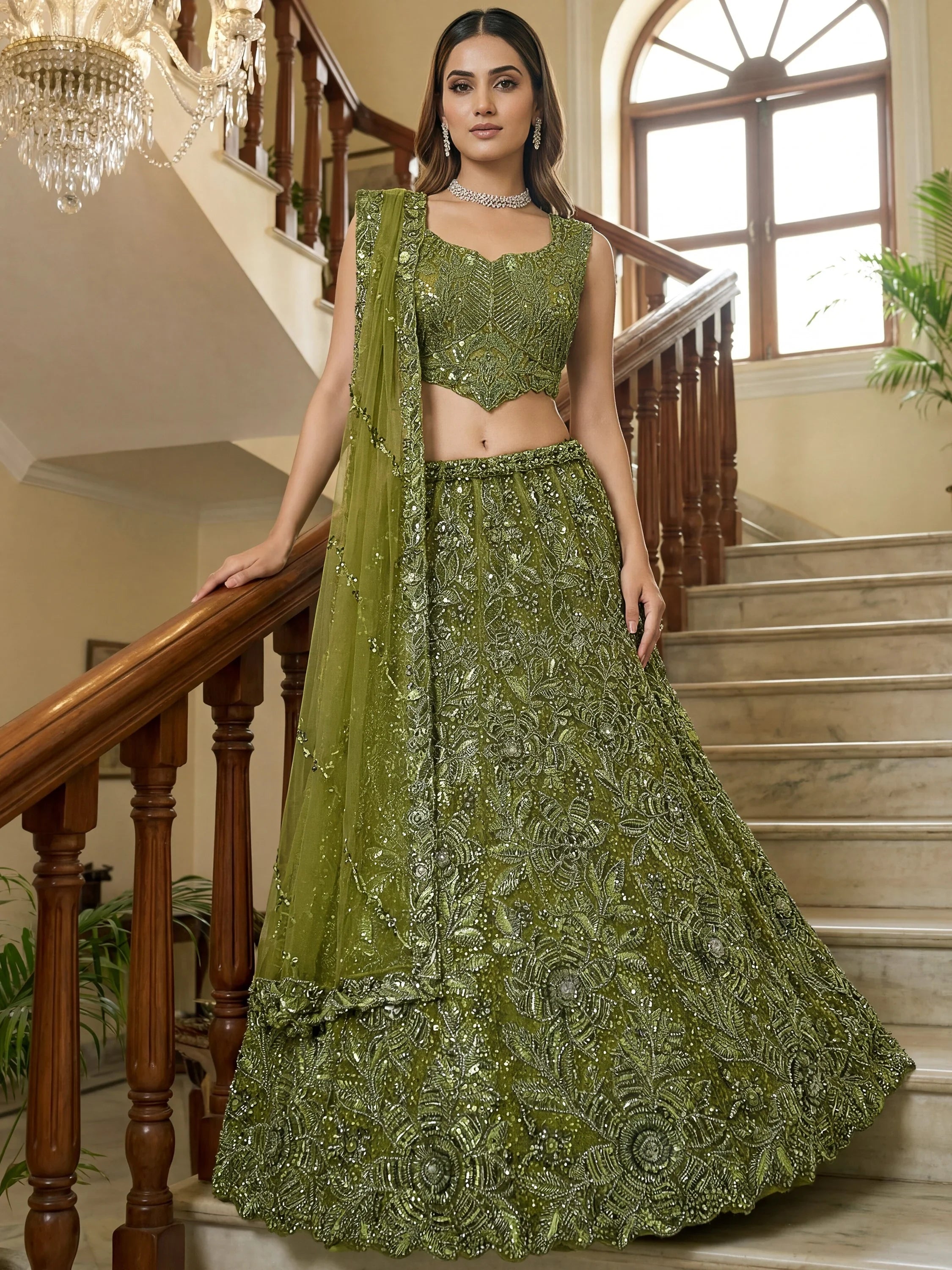 Gorgeous Olive Green Beads Work Net Engagement Wear Lehenga Choli