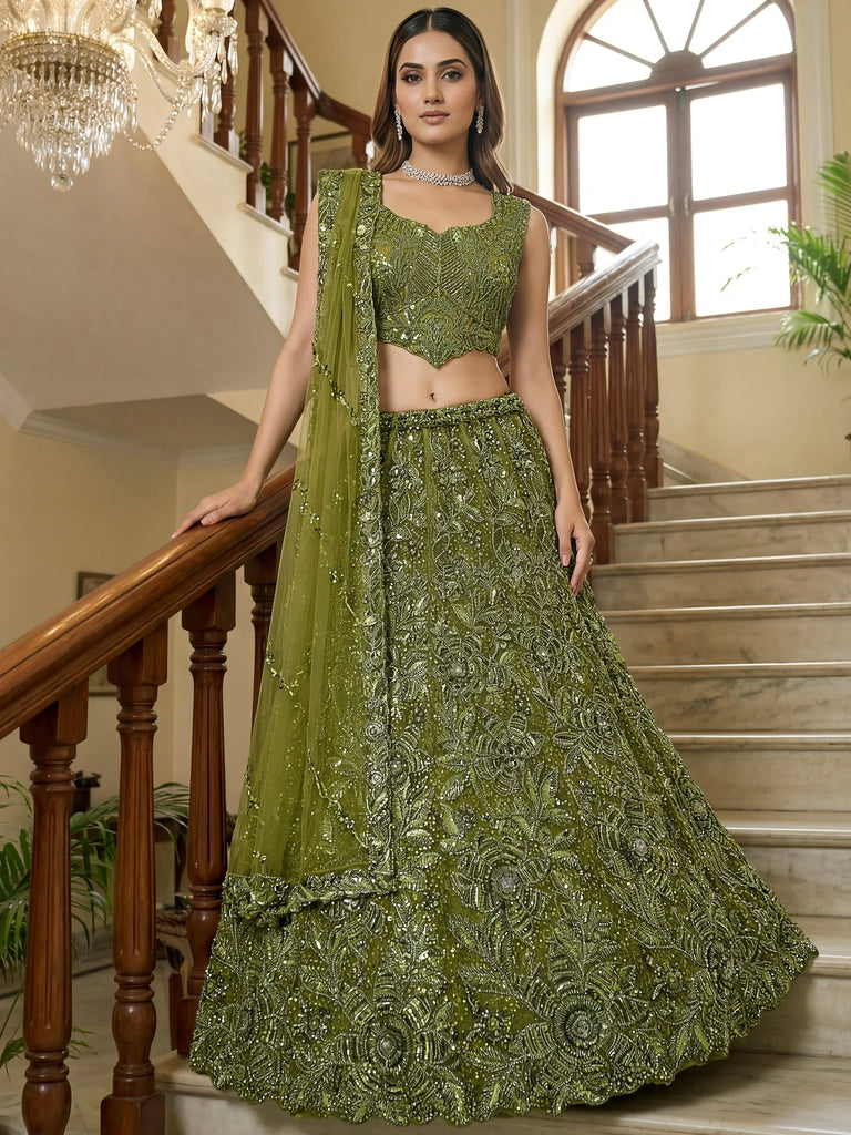 Gorgeous Olive Green Beads Work Net Engagement Wear Lehenga Choli