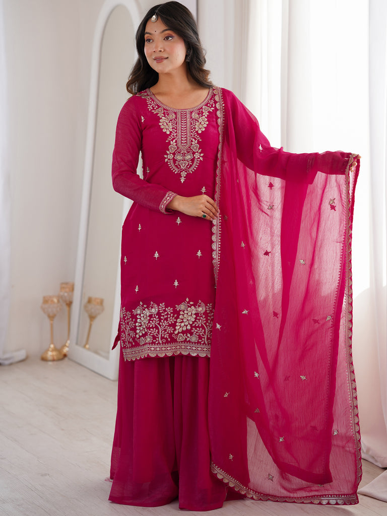 Pretty Hot Pink Embroidered Silk Engagement Wear Sharara Suit
