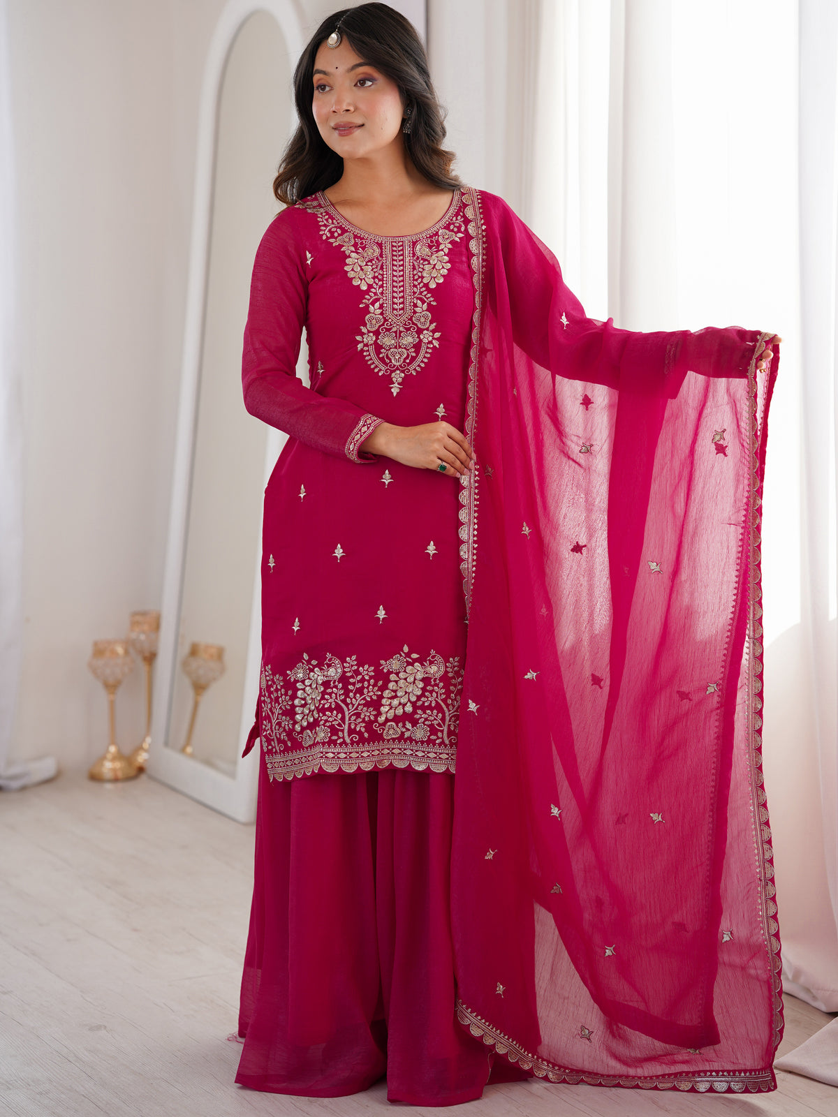 Pretty Hot Pink Embroidered Silk Engagement Wear Sharara Suit