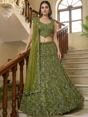 Gorgeous Olive Green Beads Work Net Engagement Wear Lehenga Choli