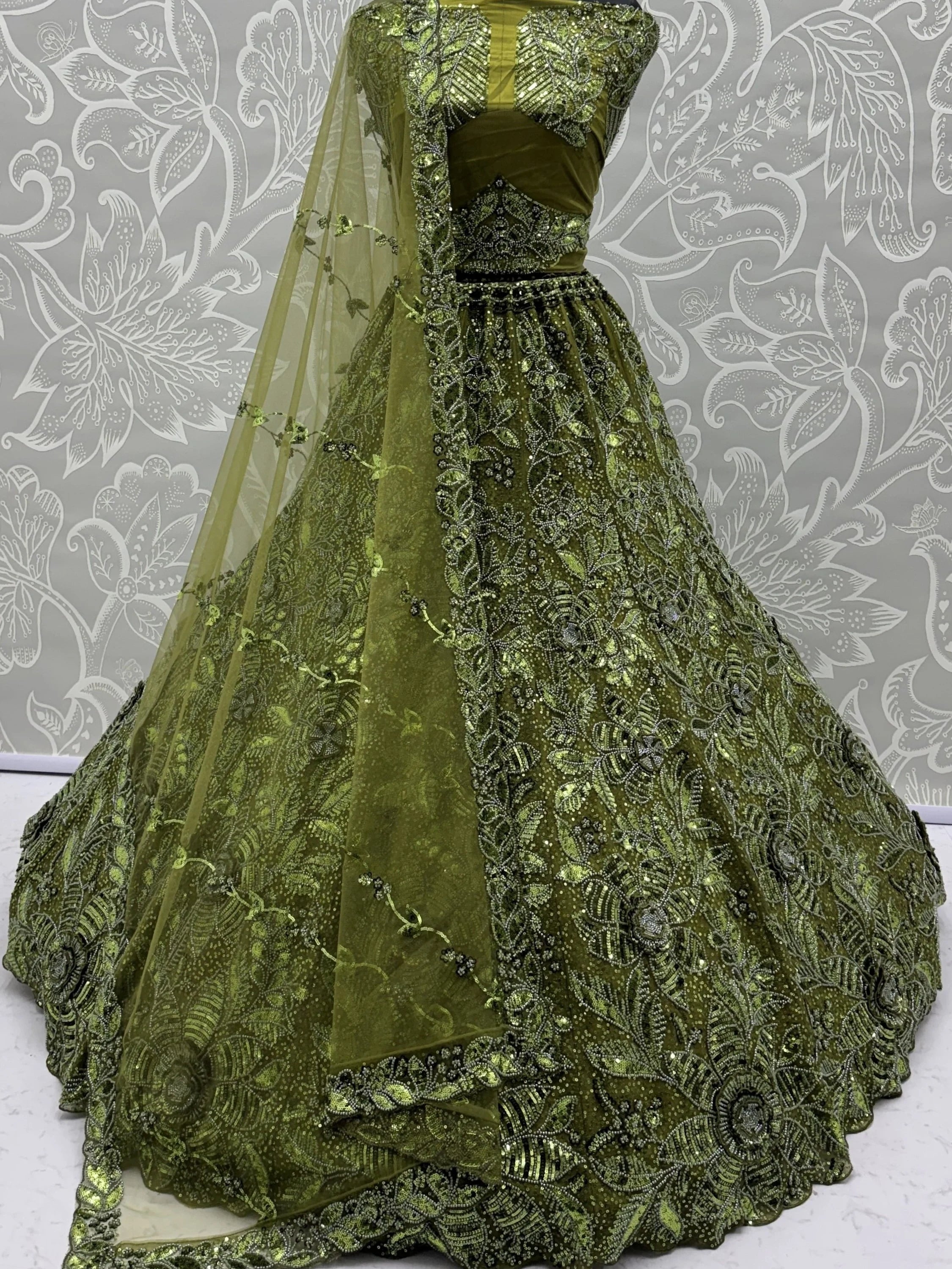 Gorgeous Olive Green Beads Work Net Engagement Wear Lehenga Choli
