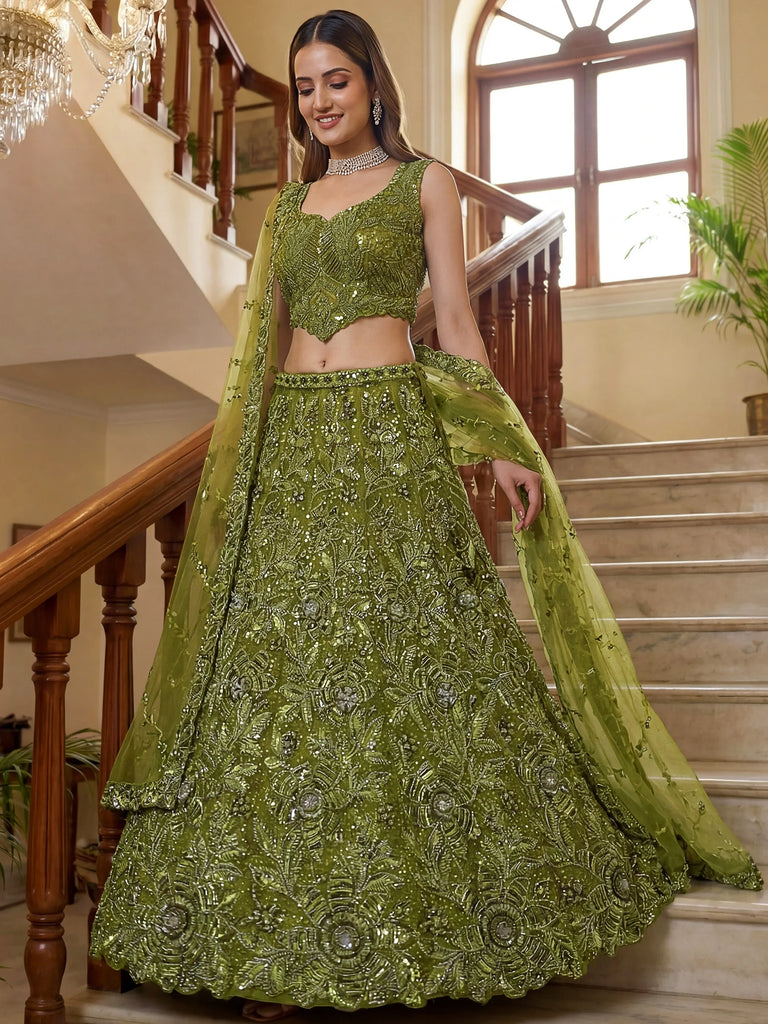 Gorgeous Olive Green Beads Work Net Engagement Wear Lehenga Choli