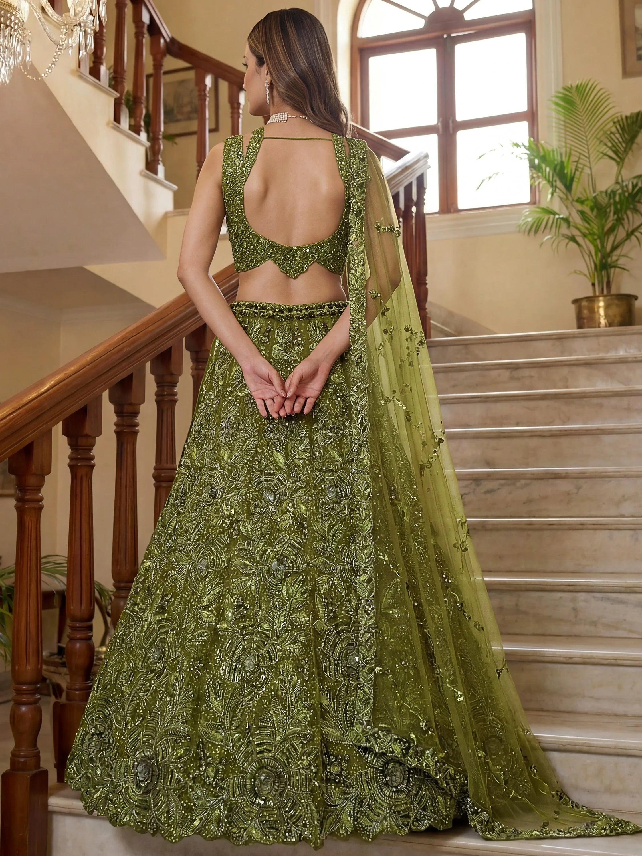 Gorgeous Olive Green Beads Work Net Engagement Wear Lehenga Choli