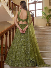 Gorgeous Olive Green Beads Work Net Engagement Wear Lehenga Choli