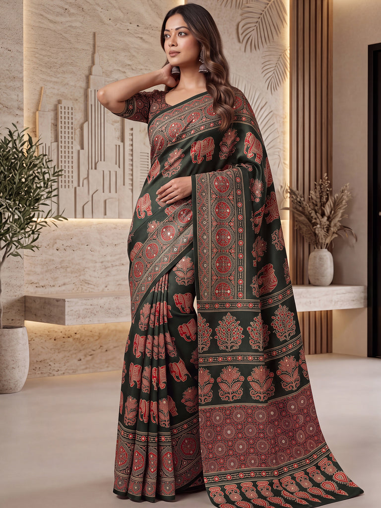 Fantastic Bottle Green Printed Crepe Silk Function Wear Saree With Blouse