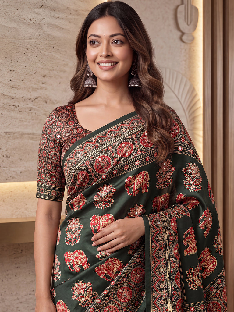 Fantastic Bottle Green Printed Crepe Silk Function Wear Saree With Blouse