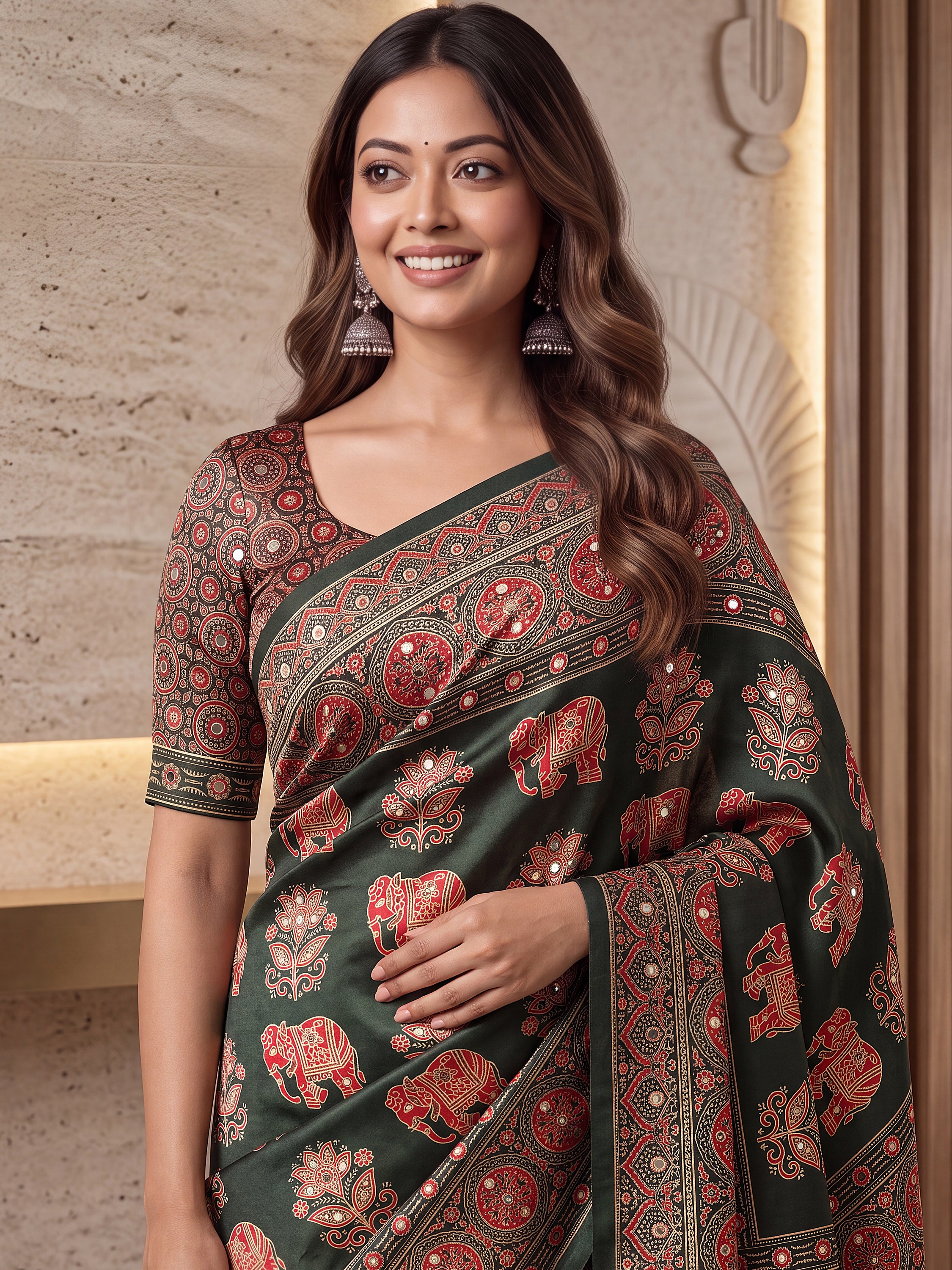 Fantastic Bottle Green Printed Crepe Silk Function Wear Saree With Blouse