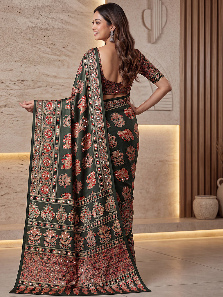 Fantastic Bottle Green Printed Crepe Silk Function Wear Saree With Blouse