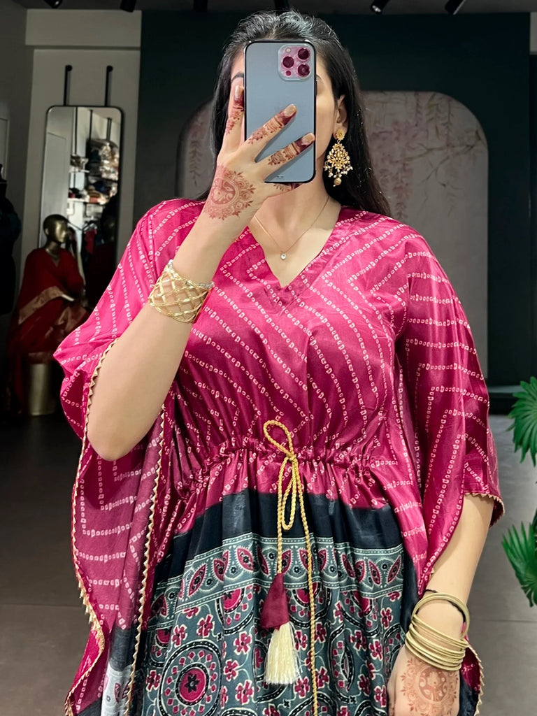 Gorgeous Dark Pink Printed Gaji Silk Function Wear Kaftan