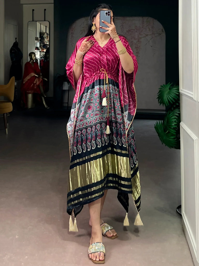 Gorgeous Dark Pink Printed Gaji Silk Function Wear Kaftan