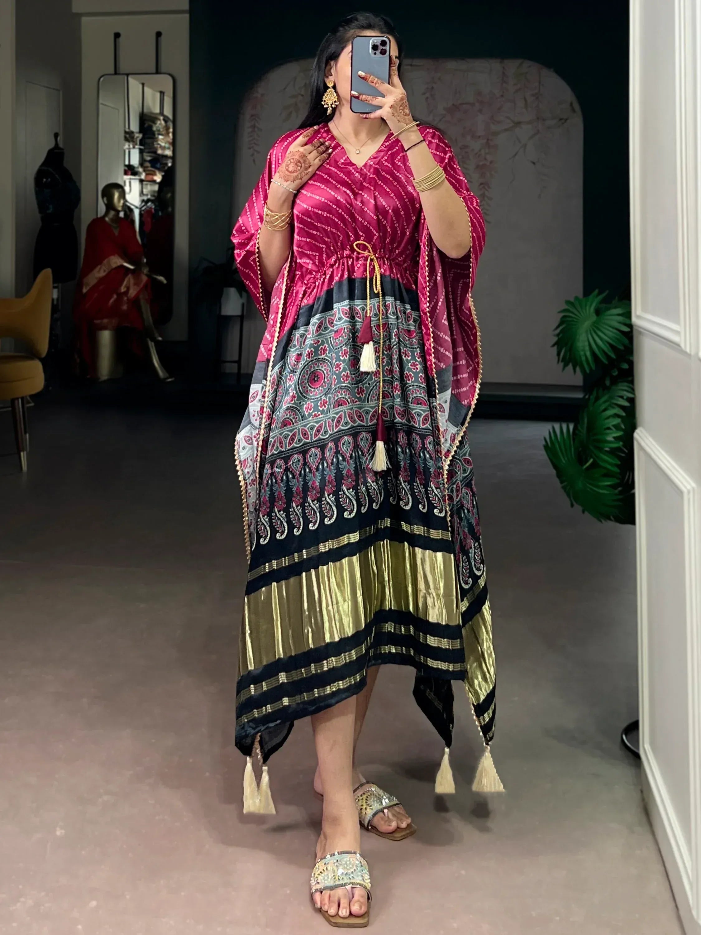 Gorgeous Dark Pink Printed Gaji Silk Function Wear Kaftan