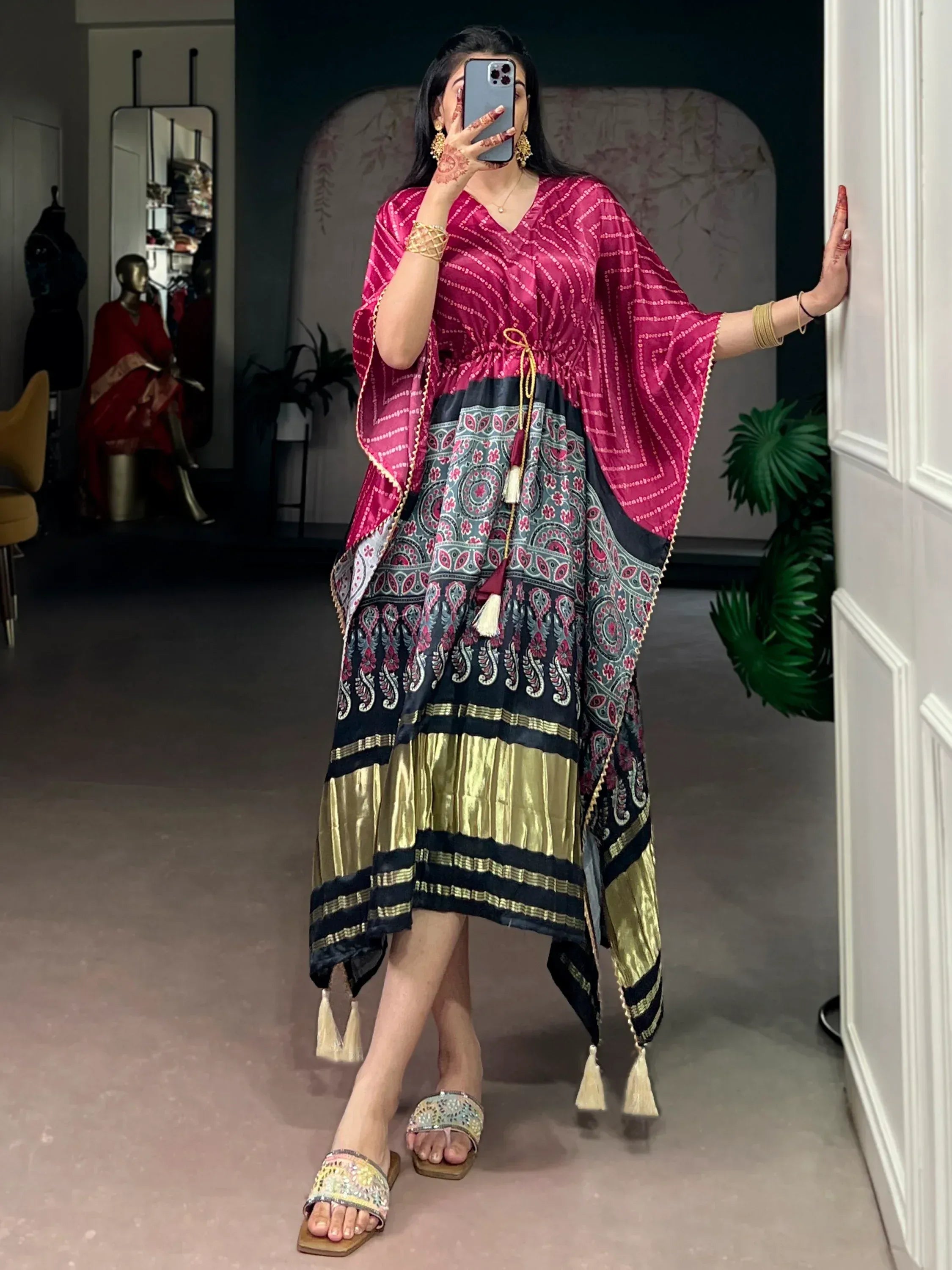 Gorgeous Dark Pink Printed Gaji Silk Function Wear Kaftan