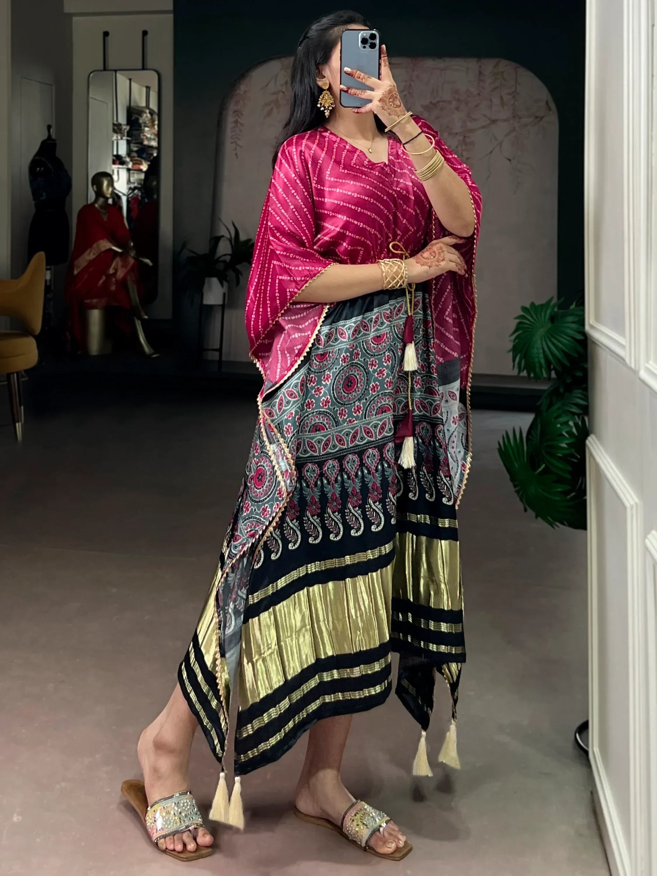 Gorgeous Dark Pink Printed Gaji Silk Function Wear Kaftan