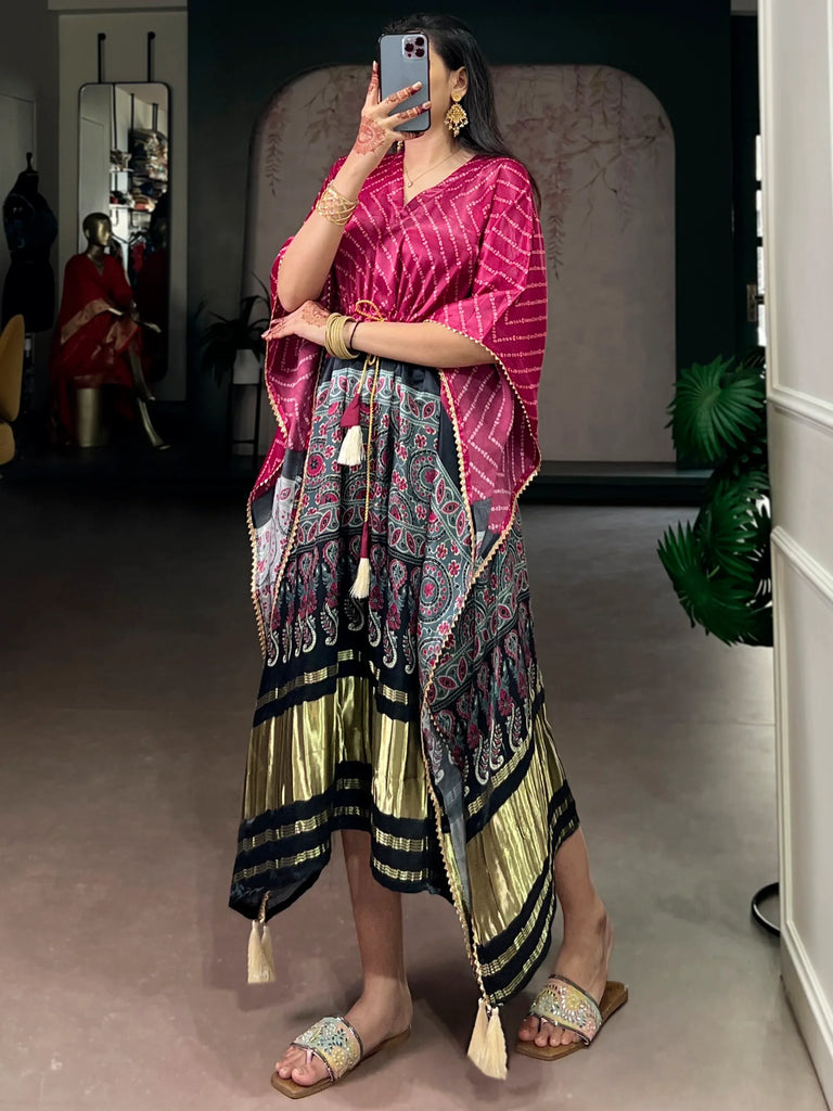 Gorgeous Dark Pink Printed Gaji Silk Function Wear Kaftan