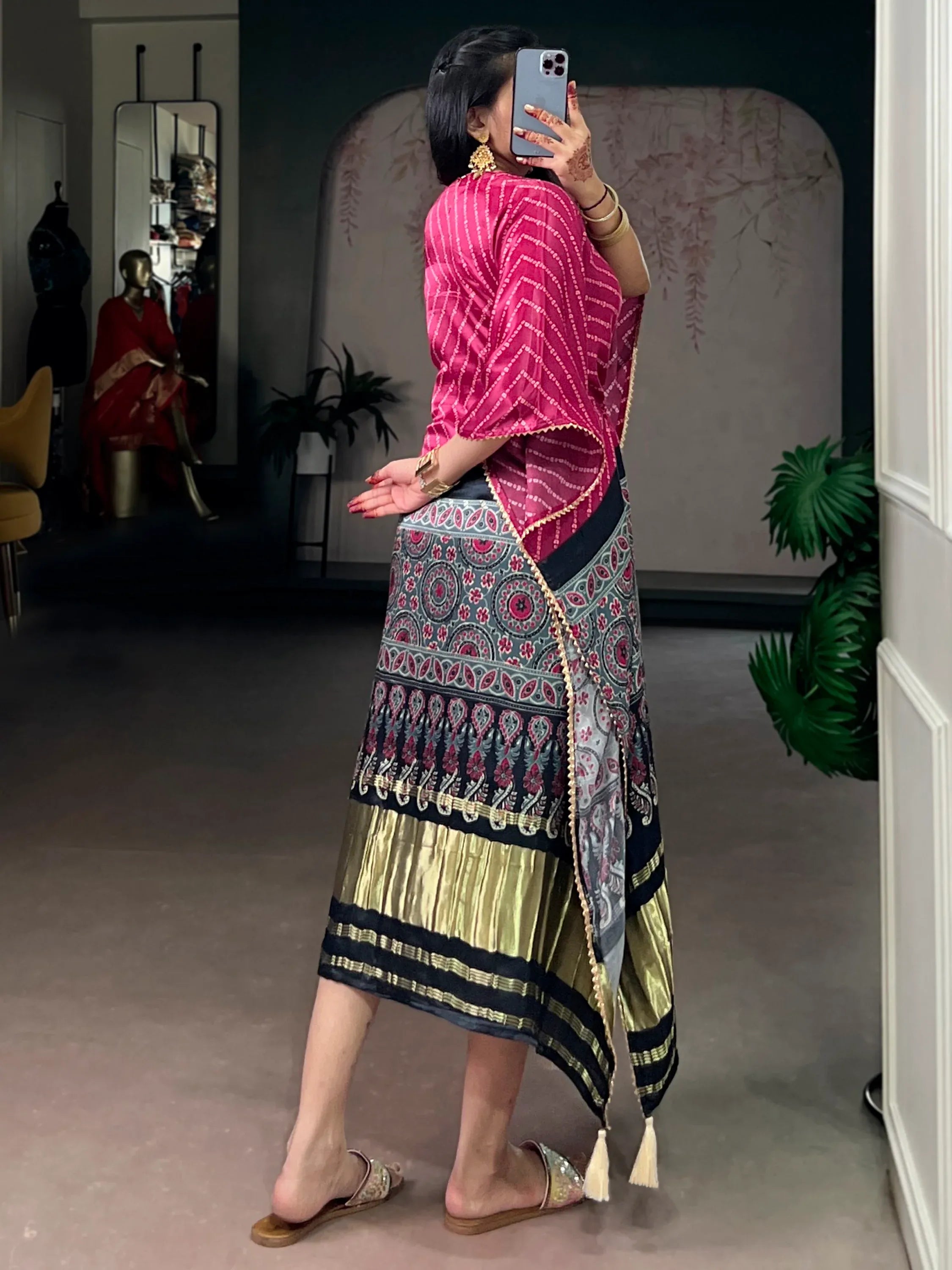 Gorgeous Dark Pink Printed Gaji Silk Function Wear Kaftan