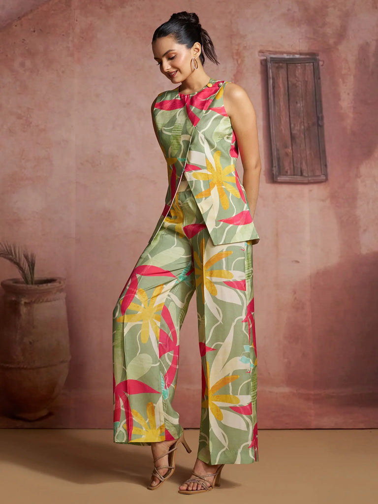 Gorgeous Green Digital Printed Muslin Silk Party Wear Co-Ord Set