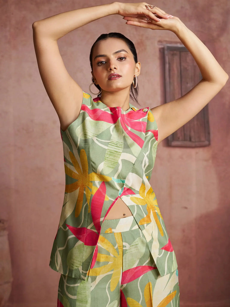 Gorgeous Green Digital Printed Muslin Silk Party Wear Co-Ord Set