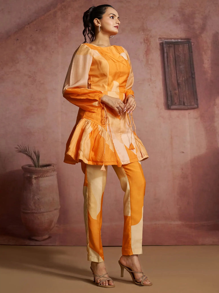 Glamorous Orange Digital Printed Muslin Silk Party Wear Co-Ord Set