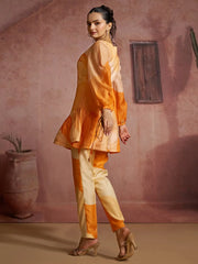 Glamorous Orange Digital Printed Muslin Silk Party Wear Co-Ord Set