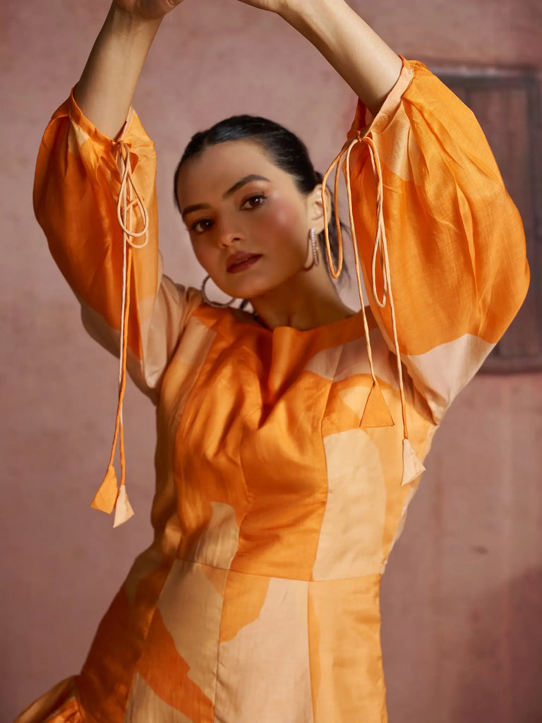 Glamorous Orange Digital Printed Muslin Silk Party Wear Co-Ord Set