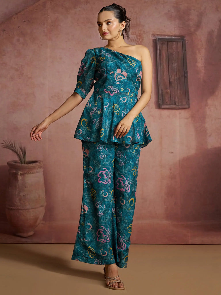 Fantastic Blue Digital Printed Muslin Silk Party Wear Co-Ord Set