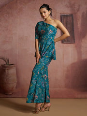 Fantastic Blue Digital Printed Muslin Silk Party Wear Co-Ord Set