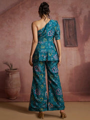 Fantastic Blue Digital Printed Muslin Silk Party Wear Co-Ord Set