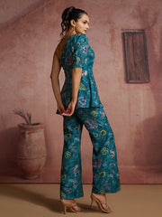 Fantastic Blue Digital Printed Muslin Silk Party Wear Co-Ord Set