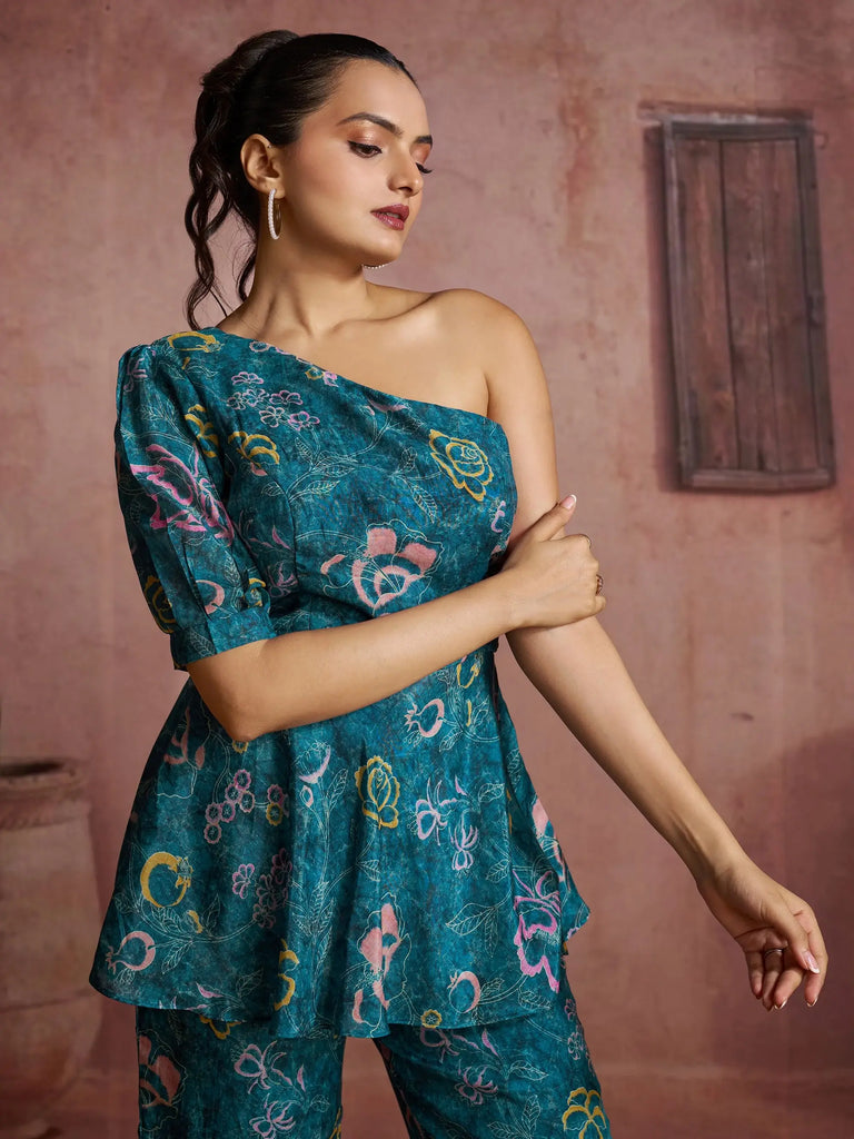 Fantastic Blue Digital Printed Muslin Silk Party Wear Co-Ord Set