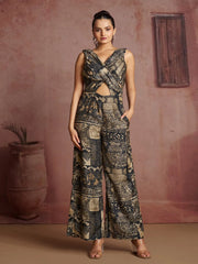 Attractive Black Digital Printed Muslin Silk Party Wear Jumpsuit