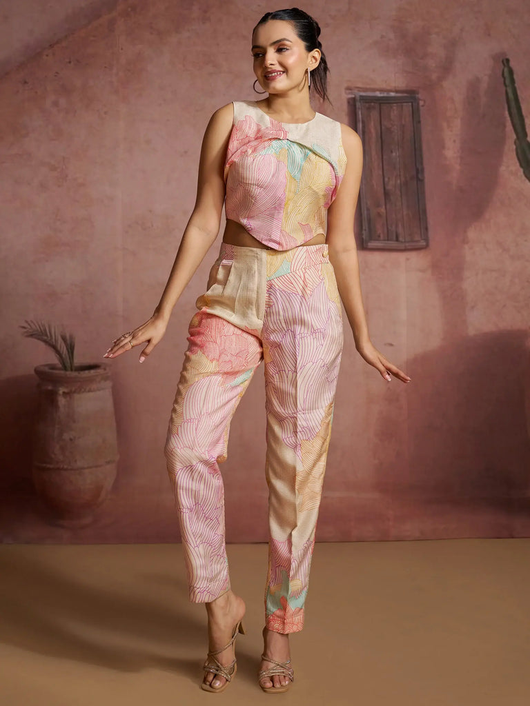 Fantastic Off-White Digital Printed Muslin Silk Party Wear Co-Ord Set 