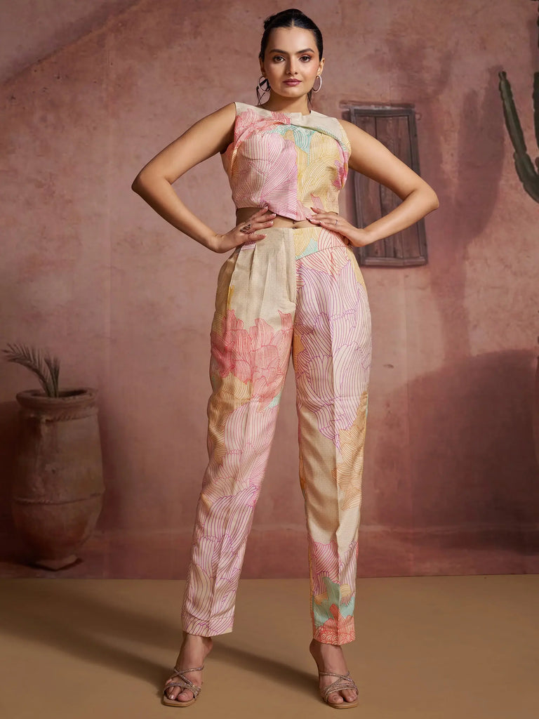 Fantastic Off-White Digital Printed Muslin Silk Party Wear Co-Ord Set 