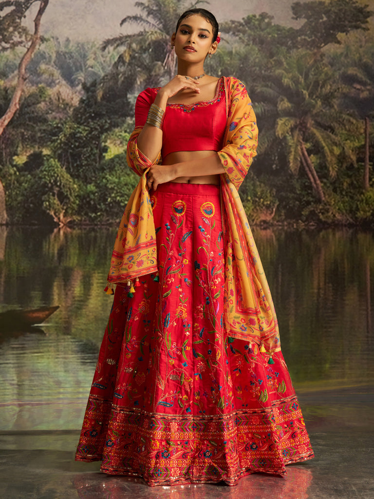 Stupendous Red Thread Work Silk Wedding Wear Lehenga Choli With Dupatta