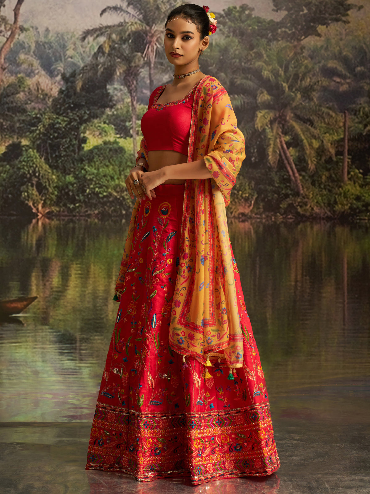 Stupendous Red Thread Work Silk Wedding Wear Lehenga Choli With Dupatta