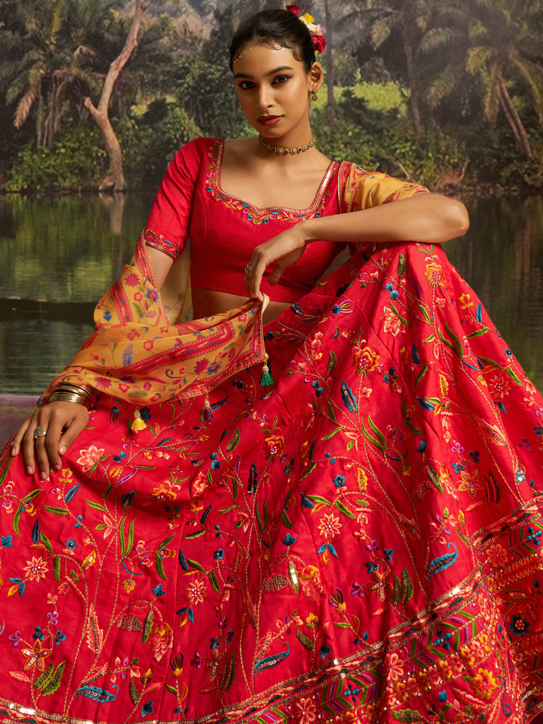 Stupendous Red Thread Work Silk Wedding Wear Lehenga Choli With Dupatta