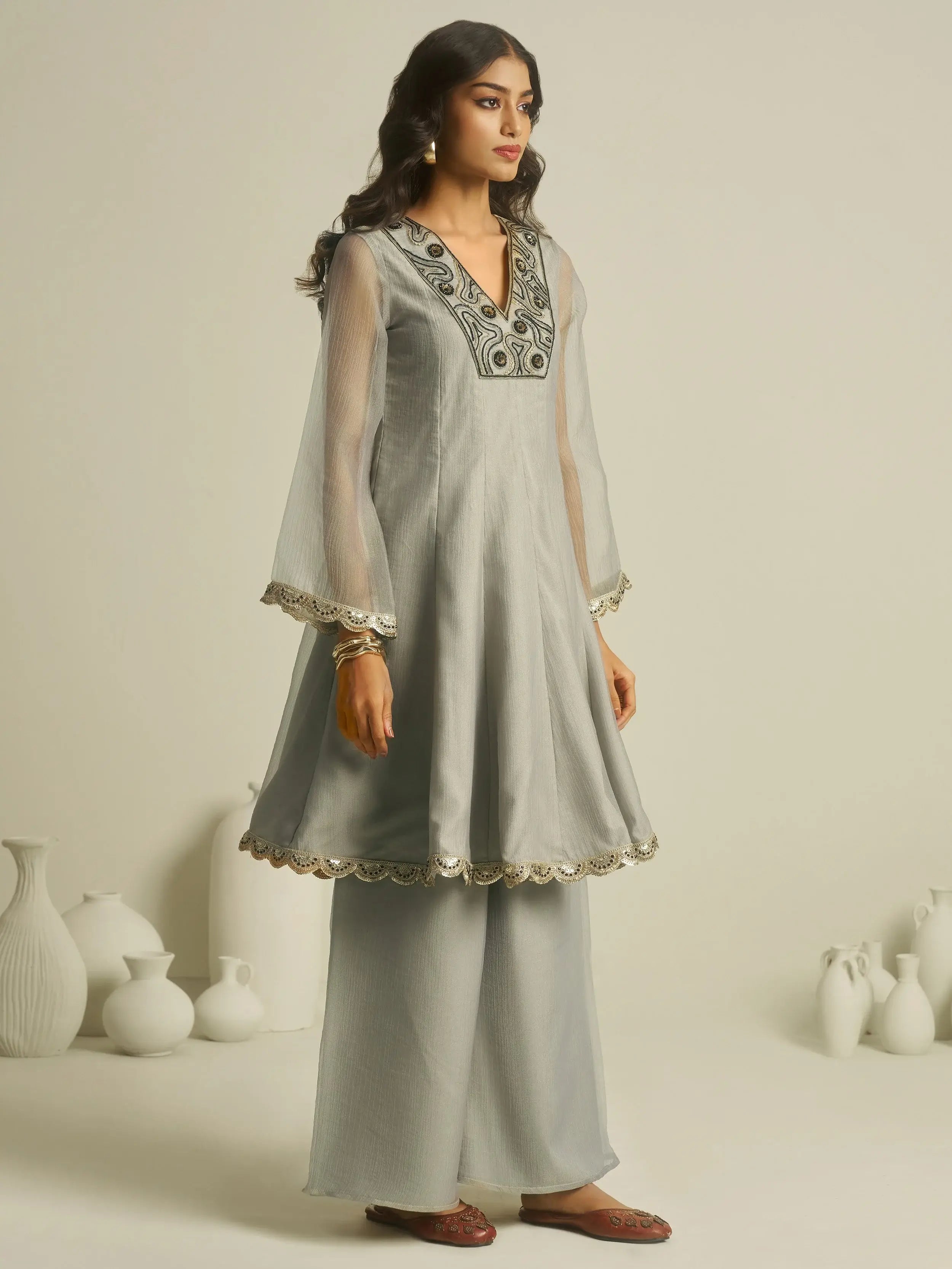 Gorgeous Grey Handwork Tissue Festive Wear Palazzo With Peplum Top