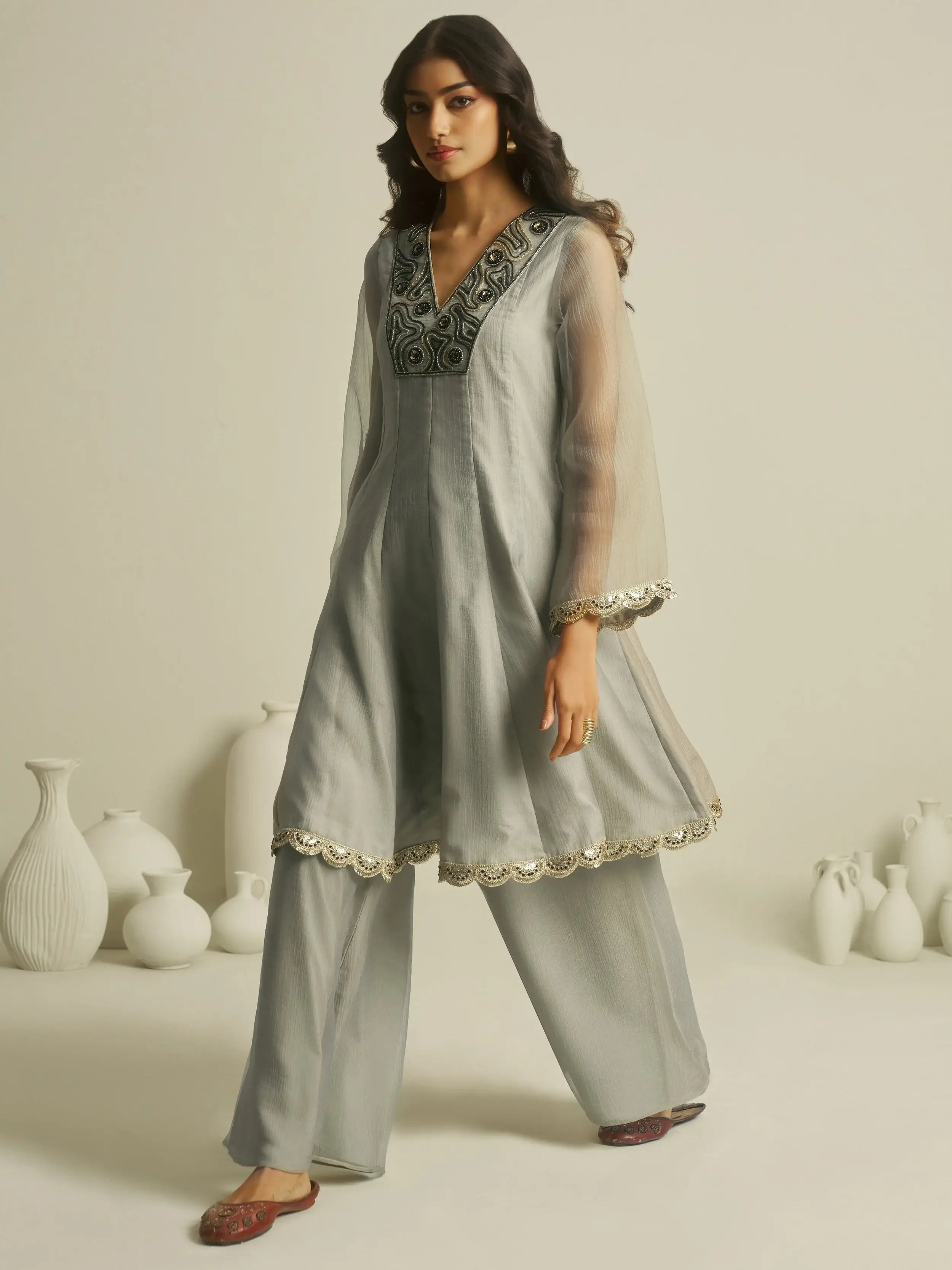 Gorgeous Grey Handwork Tissue Festive Wear Palazzo With Peplum Top